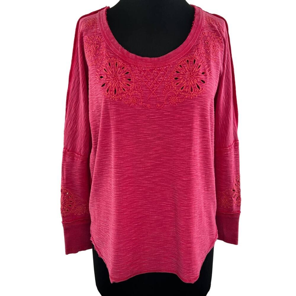 Free People Intimately Pink Long Sleeve Eyelet Back Cut-Out Cotton Top Size XS